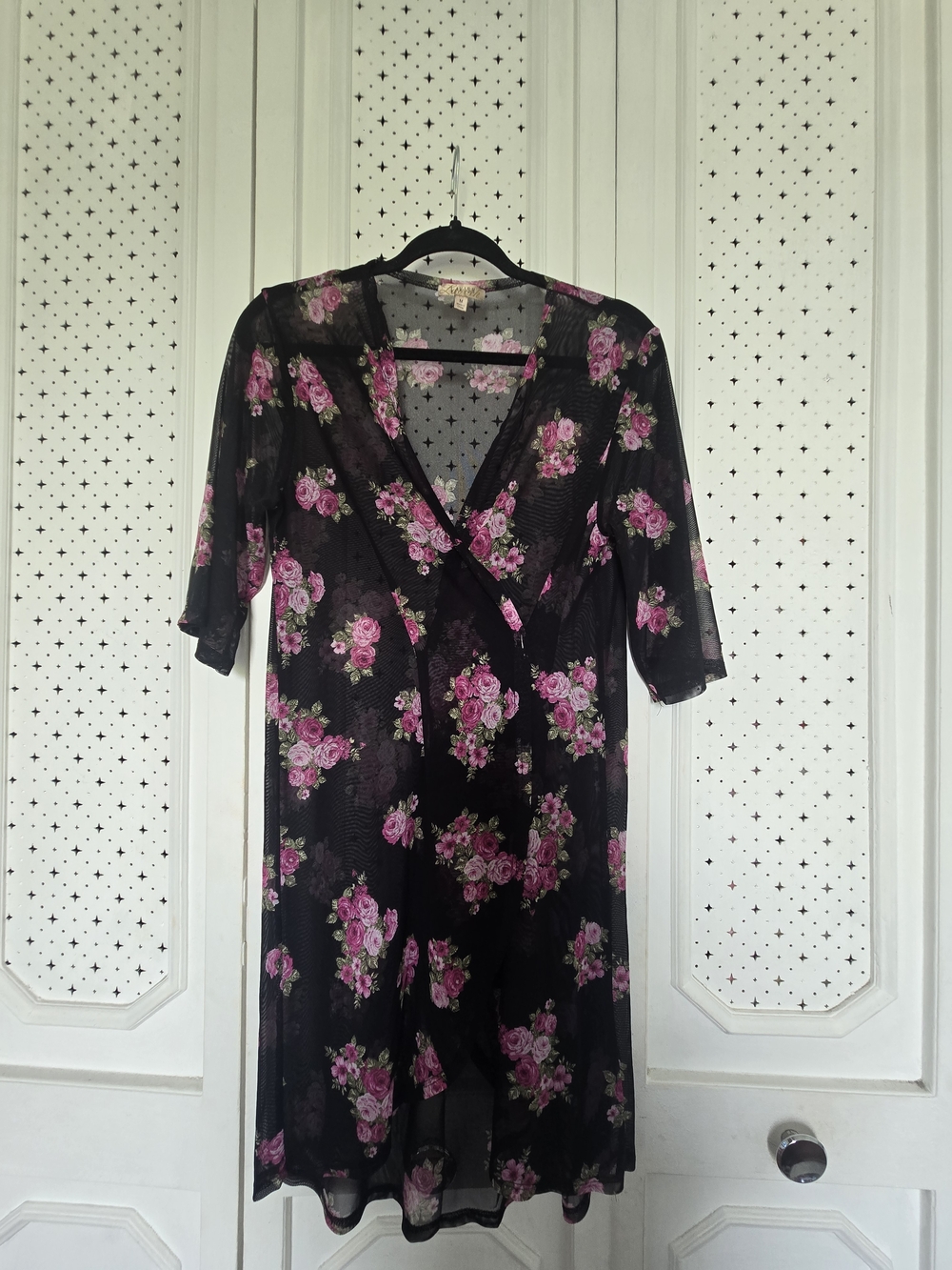 Black Sheer Floral Wrap Dress with Pink Roses